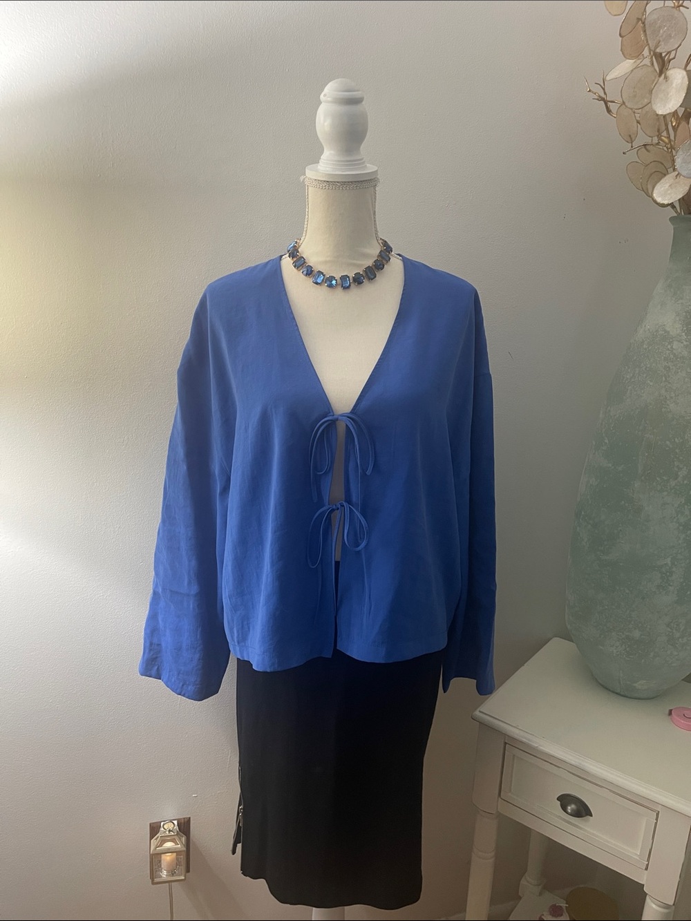 Zara Royal Blue Tie-Front V-Neck Blouse